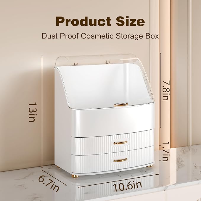 Makeup Organizer Countertop Vanity with Transparent Lid Drawers Waterproof Dustproof Cosmetic Skincare Bathroom Storage Gift for Women Teens Girls (White) - Image 5