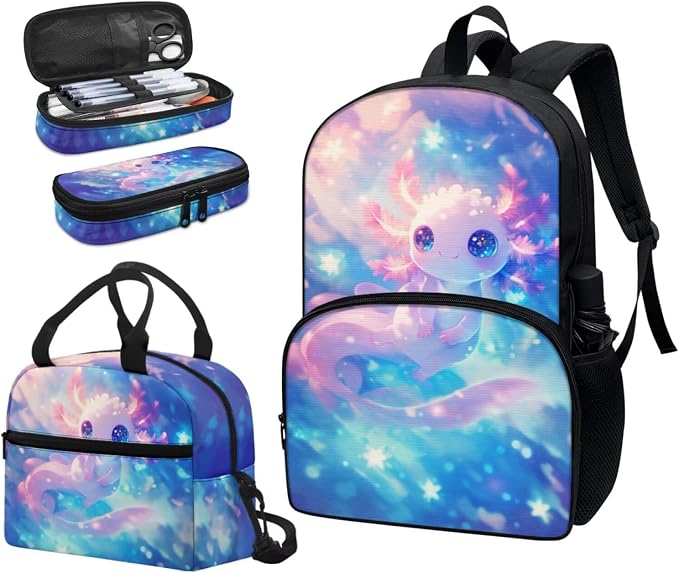 3 Pack School Bag for Boys Pink Axolotl Galaxy Backpack Bookbag with Lunch Box Pencil Case Elementary/Primary/Middle Kids Backpack Daypack Satchel Set - Image 6