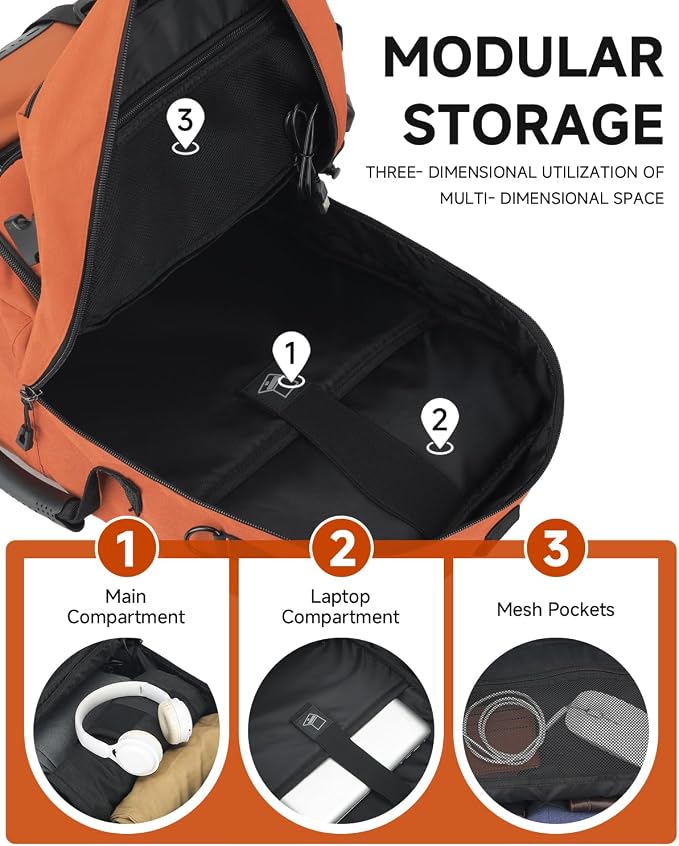 Travel backpack for men,40L Large Carry on Backpack Durable Convertible Duffle Bag with Shoe Compartment Fit for 16 Inch Laptop for travel, camping,Weekender Hiking Orange - Image 8