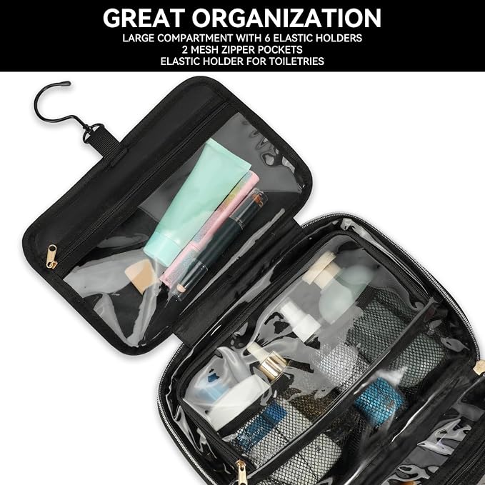 Voova Hanging Travel Toiletry Bag for Women Men, Waterproof Makeup Cosmetic Organizer Holder for Toiletries Accessories, Traveling Essentials,Shampoo,Full-Sized Container, Brushes Kit Set, Black - Image 9