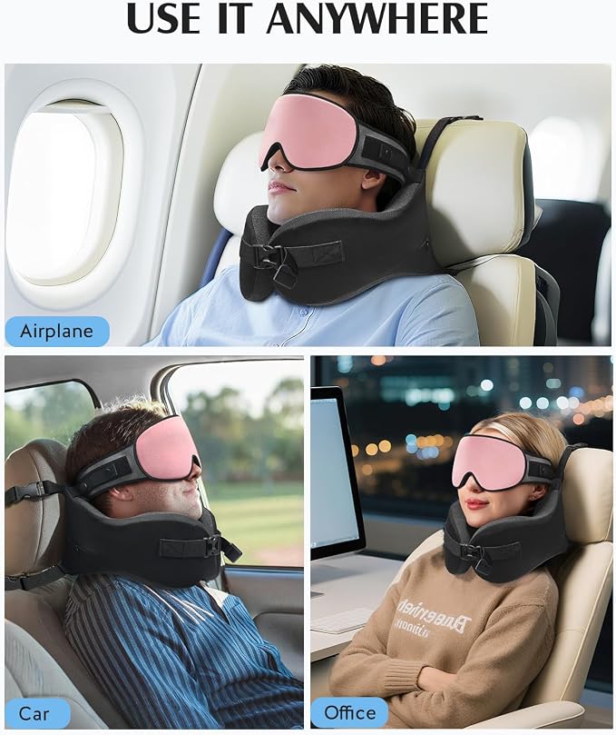 YFONG Travel Pillow for Long Flight Airplanes, Head Strap Combo with 3D Contoured Eye Mask for Sleep, Neck Pillow for Car Trip Essential, 360° Support Memory Foam Headrest, Prevent Head Bobbing, Pink - Image 9