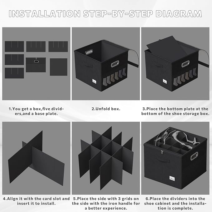 2 Pack Shoe Organizer for Closet Large Shoe Box Storage Containers with Clear Window Space Saving Shoe Bin with Foldable Bottom Support Adjustable Dividers Fits 32 Pairs (Black, (16.5*16.5*13in)*2) - Image 8
