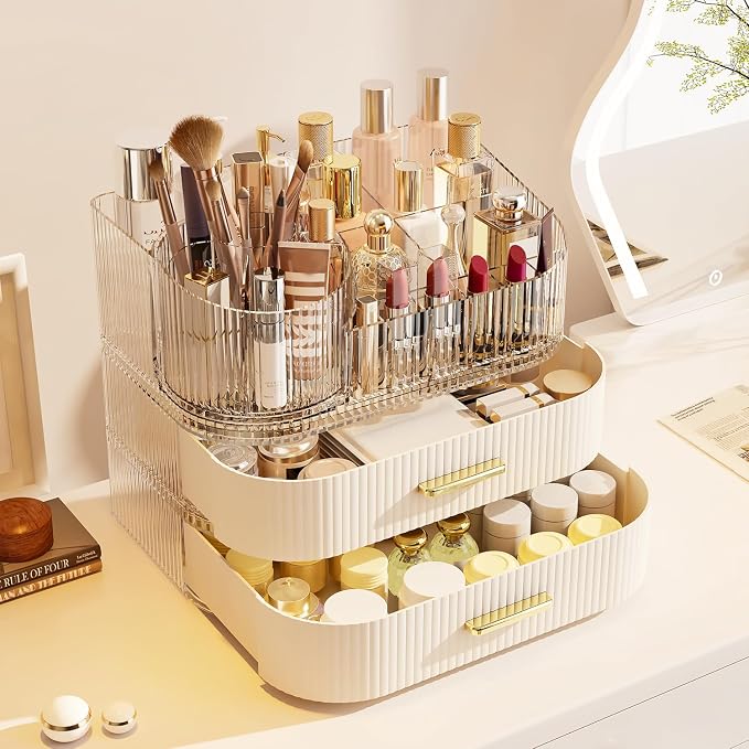 Makeup Organizer with Stackable Drawer, 360 Rotating Makeup Brush Holder, 11-inch Wide Large Cosmetic Display Case, Skincare Organizers and Storage for Vanity, Bathroom Countertop (1 Tray + 2 Drawer) - Image 9