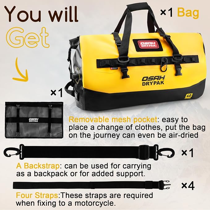 OSAH DRYPAK Waterproof Duffel Bag 25L/40L/60L – Heavy-Duty Motorcycle Tail Bag, Roll-Top Dry Bag for Travel, Camping, Boating, Kayaking, Outdoor Adventure - Image 8