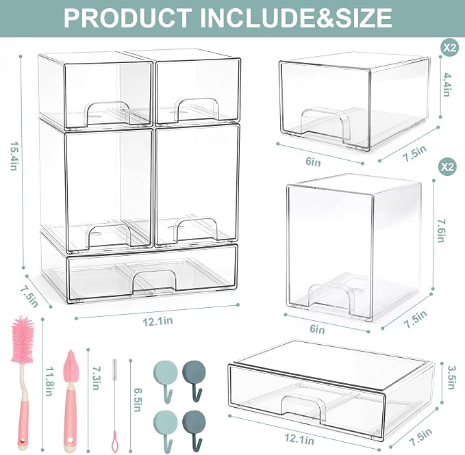 POLRAI 5 Pack Baby Bottles Organizer with Brush and Hooks, Stackable Acrylic Storage Boxes for Baby Bottles, Makeup, Small Items, Clear Storage Containers for Kitchen, Bathroom, Bedroom, Cabinet - Image 7