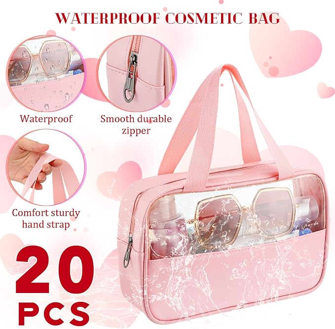 Buryeah 20 Pcs Translucent Makeup Bag Toiletry Organizer for Women Men Waterproof Portable Cosmetic Bag with Hanging Handles Travel Storage Carry Pouch Gifts for Bridesmaid (Pink) - Image 7