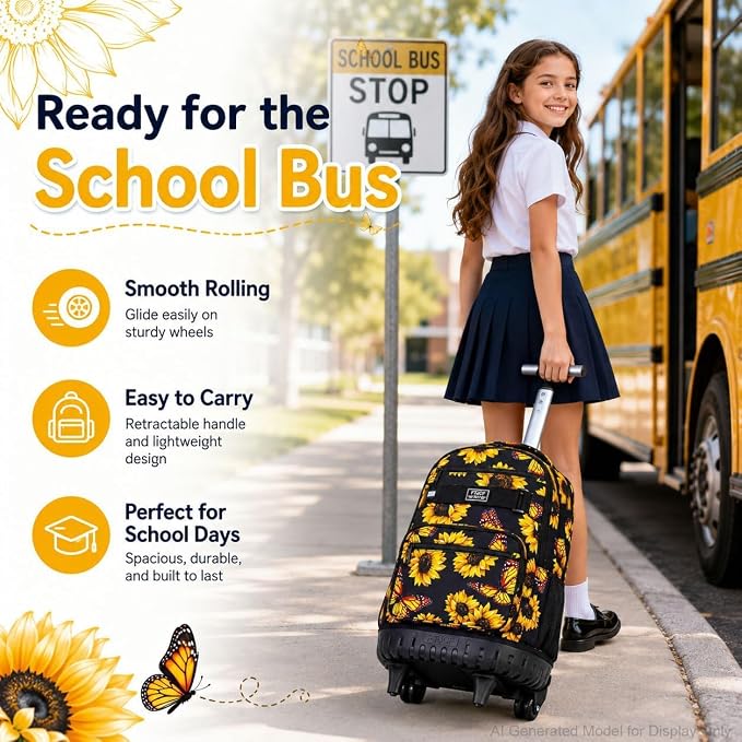 3Pcs Rolling Backpack for Girls, 19 Women Inche Roller Bag with Wheels, Sunflower Wheeled Bookbag Set for Adults(Yellow) - Image 8