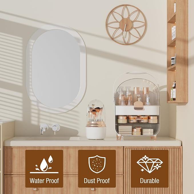 Makeup Organizer Countertop & 360° Rotating Makeup Brush Holder, Skincare Holder with Lid and Drawers, Storage Box Cosmetic Display Cases, Teen Girl Gifts, Vanity, Bathroom Counter,Rose Gold - Image 7
