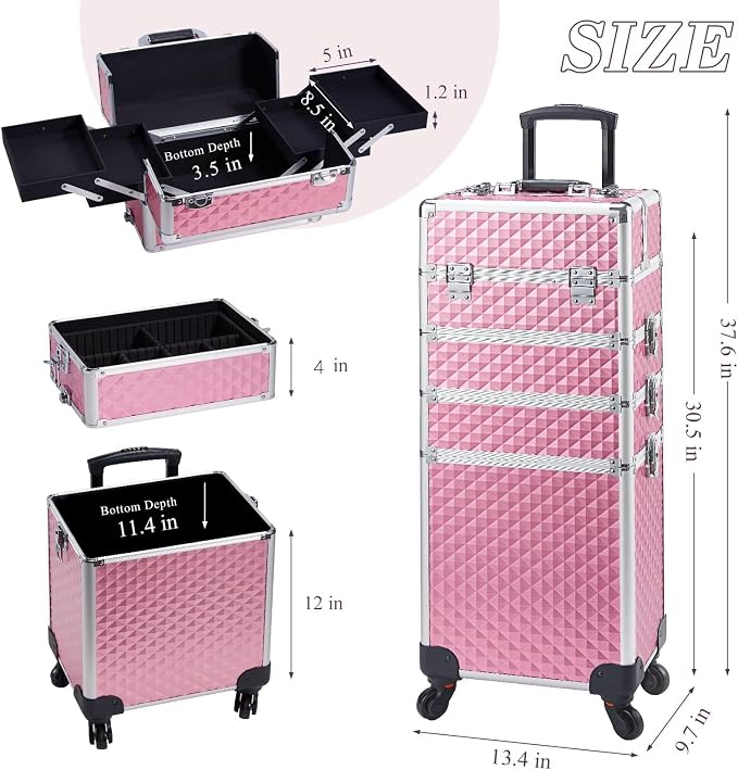4 in 1 Rolling Makeup Trolley Train Case Cosmetic Suitcase, Box for Makeup Artist, Hairstylists, Nail Tech Students Barber Case with Keys Swivel Wheels - Shiny Pink - Image 7