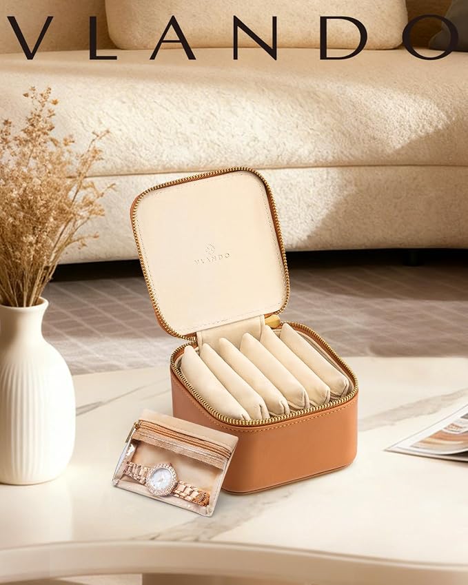 VLANDO Travel Jewelry Case,Valentines Gifts,Small Jewelry Box Organizer,Travel Jewelry Storage with 6 Velvet Jewelry Zipper Pockets, Birthday Gifts for Women Girls (Brown) - Image 9