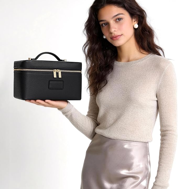 HiTotes Makeup Bag Large Vanity Case for Women Travel Cosmetic Bag Makeup Case Organizer Leather Travel Toiletry Bag - Image 6
