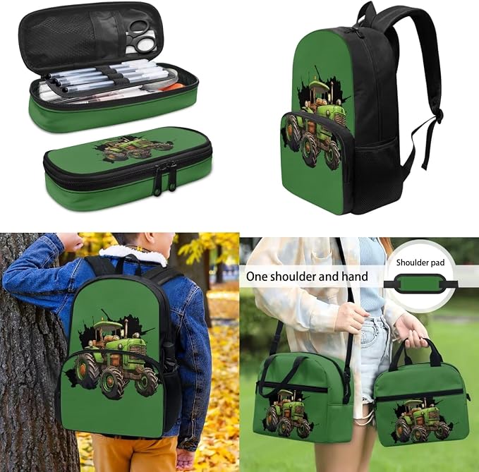 Farm Tractor Backpack for Kids Cartoon Tractor School Bag Set with Large Pencil Holder Pouch Crossbody Water Bottle Holder Bag Insulated Lunch Box Student Back to School Gift - Image 4