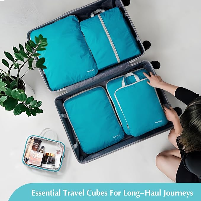 Gonex Compression Packing Cubes, 6pcs Expandable Storage Travel Luggage Bags Organizers with Shoe Bag, Clear Toiletry Bag (Blue) - Image 9