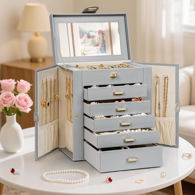 AKOZLIN 6-Tier Jewelry Box Organizer Functional 5 Drawers Leather Jewelry Storage Case for Women Girls Ring Necklace Earring Bracelet Holder Organizer with Mirror Medium Grey - Image 8