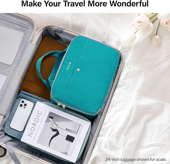Hanke Hanging Travel Toiletry Bag with Jewelry Organizer, Turquoise Green | Large Capacity, Holds Full-Size Bottles, Water & Stain Resistant, 360° Swivel Hook, Trolley Sleeve, Women's Makeup Organizer - Image 10