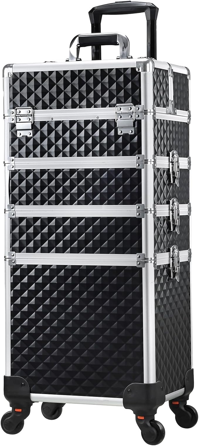 Stagiant Rolling Makeup Case Cosmetology Case on Wheels 4 in 1 Large Cosmetic Organizer Train Case Makeup Travel Case with Key Swivel Wheels Nail Artist Salon Storage Traveling Cart Trunk Black - Image 9
