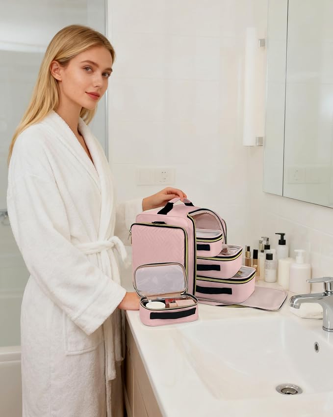 BAFAMYE Large Travel Makeup Bag - Cosmetic Organizer with 4 Removable Inner Pockets, Multi-functional Toiletry Bag for Accessories & Brushes, Women's Beauty Case, Pink - Image 7