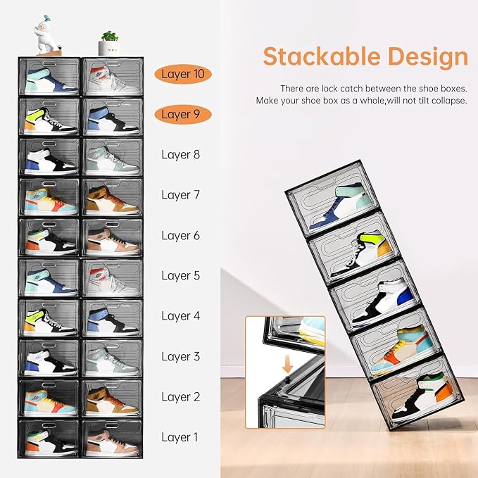 Amllas New Gray 8 Pack Shoe Boxes Stackable, Large Shoe Storage Organizer with Lids,Drop Side Shoe Containers for Entryway,Sneaker Storage Fit up to US Size 13 for Men/Women(13’’x 10.6”x 8.3”) - Image 9