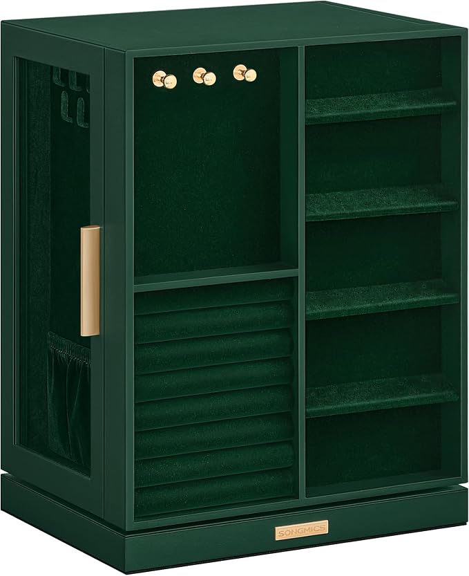 SONGMICS GISELLA Collection - Jewelry Box Organizer 360° Rotating, Vertical Jewelry Storage Case with 5 Drawers, Glass Window, Spacious, Open Design, Great Gift, Forest Green UJBC170C01 - Image 6