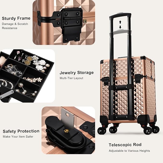 Stagiant Rolling Makeup Train Case Large Storage Cosmetic Trolley 4 Tray with Sliding Rail Removable Middle Layer with Key Swivel Wheels Salon Barber Case Traveling Cart Trunk - Image 8