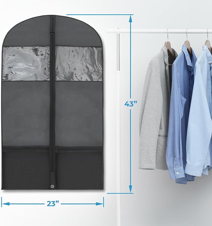 Plixio Garment Bags Suit Bag for Travel and Clothing Storage of Dresses, Dress Shirts, Coats— Includes Zipper and Transparent Window (Black - 2 Pack (No Gusset)) - Image 3