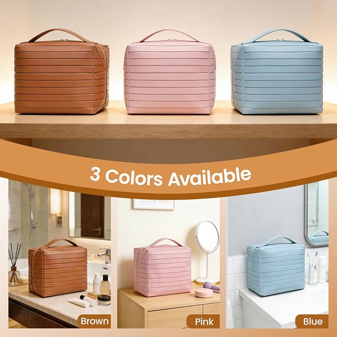 Fold Down Standing Makeup Bag – Large Travel Toiletry Organizer (Brown) | Parallel Design and Adjustable Dividers, Stands Upright or Folds Flat. Multiple Pockets Fit Full‑Size Cosmetics & Toiletries. - Image 8