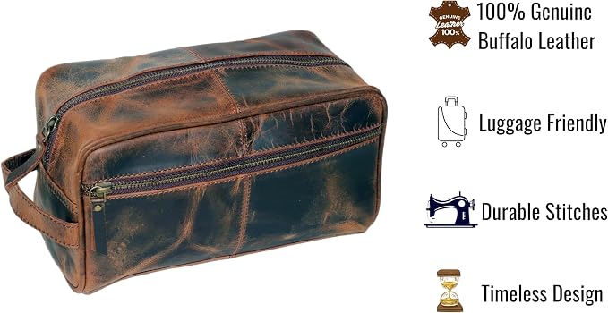 jaald Men's Genuine Brown Leather Toiletry Bag Shaving Bags And Grooming For Travel Groomsmen Gift Men Women Hanging Zippered Makeup Bathroom Cosmetic Pouch Case Make Up kit - Image 9