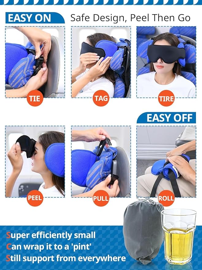 SARISUN Airplane Pillow, Travel Pillows for Airplanes with Sleep Eye Mask, 360° Airplane Pillow for Long Flights, Car Road Trip, Car Headrest, Stop Bobblehead, Combo with Chin Strap,2-Pack Black - Image 7