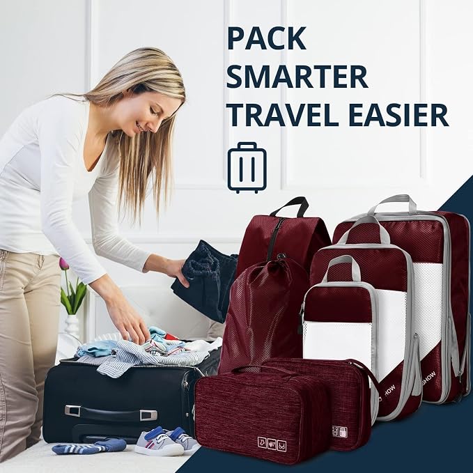 NICOSHOW 7 Set Compression Packing Cubes for Travel - Compressible, Lightweight, and Space-Saving Packing Cubes, Travel Essentials for Women, Wine - Image 7