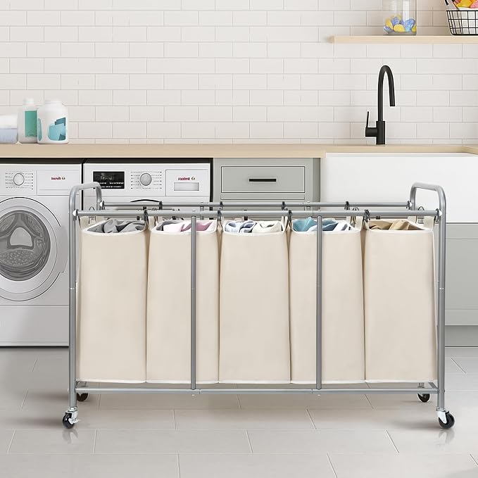 STORAGE MANIAC 5 Section Laundry Sorter, 5 Bins Rolling Separator Laundry Basket, Dirty Clothes Hamper Divider with Heavy Duty Lockable Wheels, Large Clothes Organizer Cart, Beige - Image 7
