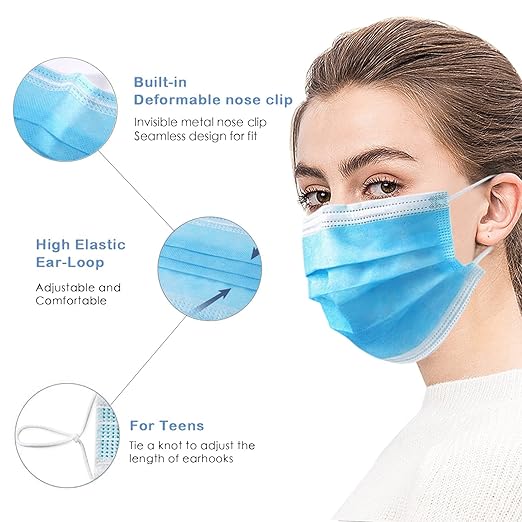 Wecolor 100 Pcs Disposable 3 Ply Earloop Face Masks, Suitable for Home, School, Office and Outdoors (Blue)