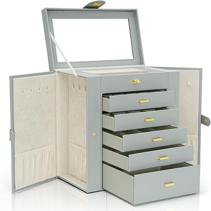 AKOZLIN 6-Tier Jewelry Box Organizer Functional 5 Drawers Leather Jewelry Storage Case for Women Girls Ring Necklace Earring Bracelet Holder Organizer with Mirror Extra Large Grey - Image 8