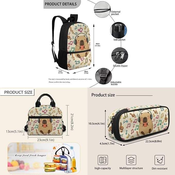 Capybara Children School Backpack Boys Girls Capybara Apple Musical Notes Primary Elementary Bookbags Set Cute Backpack Kids Lunch Box Pencil Case Set 3 in 1 - Image 7