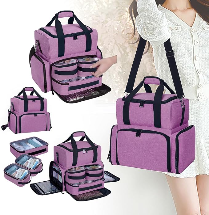 Large Makeup Bag Double Layer with 3 Removable Case,Purple | Large Makeup Bag with 3 Removable Case and 2 Removable Dividers Double Layer Travel Cosmetic Makeup Brushes Storage Section - Image 8