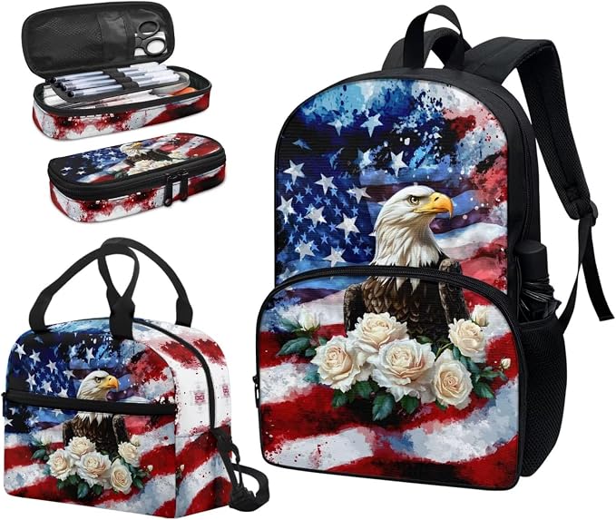 American Flag Eagle Flower School Bookbag with Lunch Bag Pencil Case 3 PCS Set Lightweight Preschool Elementary Backpack Shoulder Bag Organizer Daypack Rucksack for Teen - Image 6