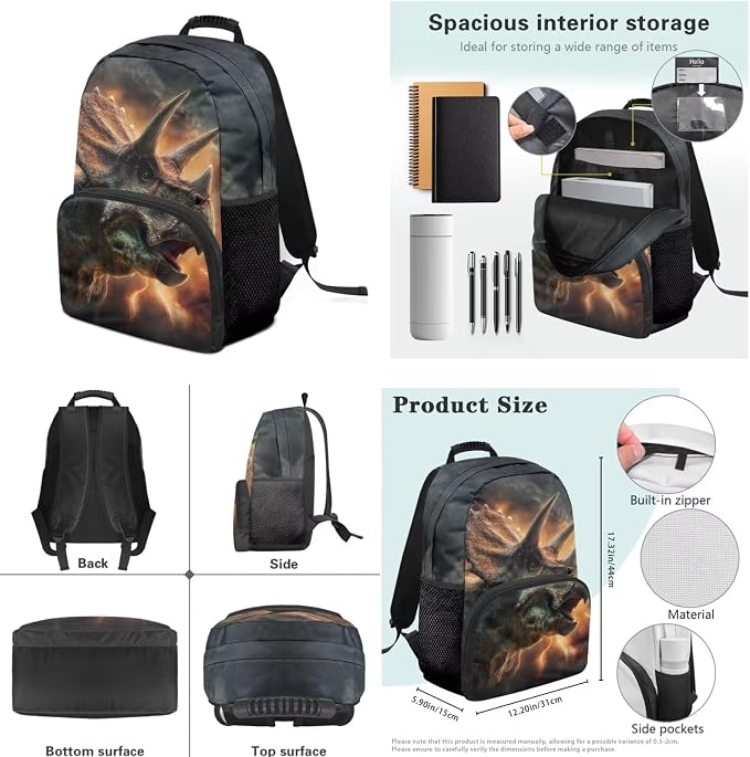 Triceratops Dinosaur Boys Bookbag With Lunch Box 1St Grade Backpack Boys Kindergarten with Pencil Pouch Bulk Water Bottle with Sleeve Traveling School Supplies 17 inch Lightweight - Image 7
