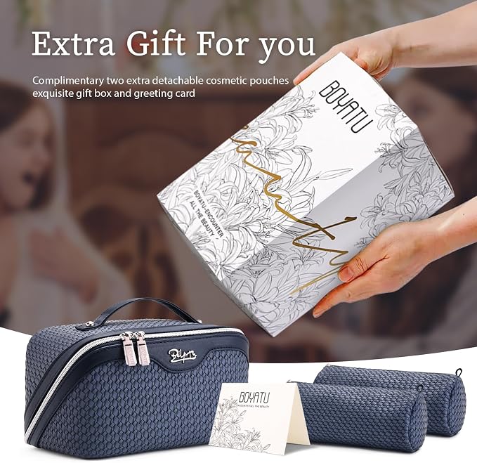 BOYATU Travel Makeup Bags for Women: Large Capacity Make up Bag with Wide Opening - 3 Pcs Set Waterproof Travel Toiletry Organizer for Full-Sized Bottles, Cosmetics & Brushes (Blue-W) - Image 6