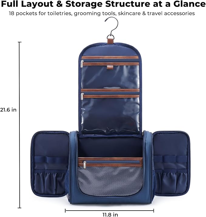 Ralnitote Large Hanging Toiletry Bag for Men, Travel Bathroom Bag with Hook, Hygiene Bag Organizer for Shower, Shaving & Grooming Essentials, Navy - Image 7