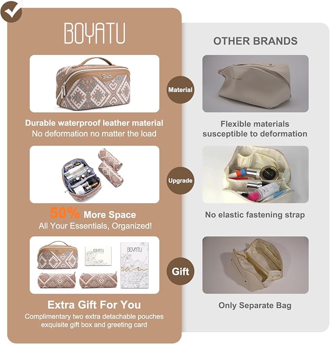 BOYATU Travel Makeup Bag Organizer: Boho Large Capacity Cosmetic Bag Sets | 3Pcs Waterproof Leather Toiletry Bags | 180°Open Flat Make up Case with Compartments | Western Travel Essentials for Women - Image 5