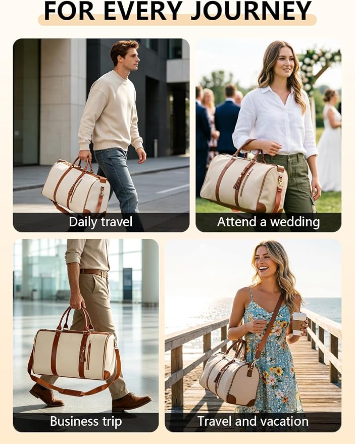 2 in 1 Convertible Garment Duffle Bags for Travel 45L Carry on Duffle Bag for Men & Women with Shoe Lmproved Zipper and Reinforced Straps Suitable for Business & Weekend Trips Beige - Image 9