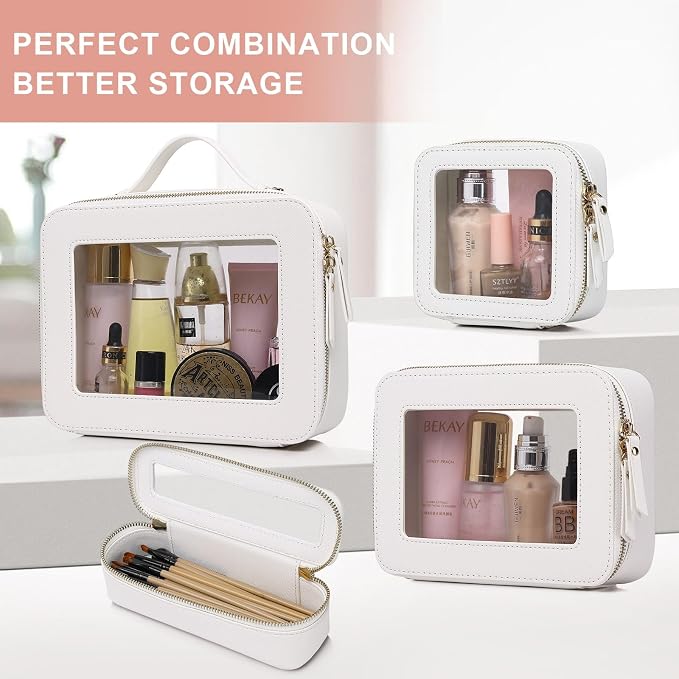 Pinkmik Clear Makeup Bag Waterproof Travel Case for Cosmetics and Toiletries Women's Purse Organizer and Clear Car Bag with Zipper (White, L+M+MINI) - Image 7