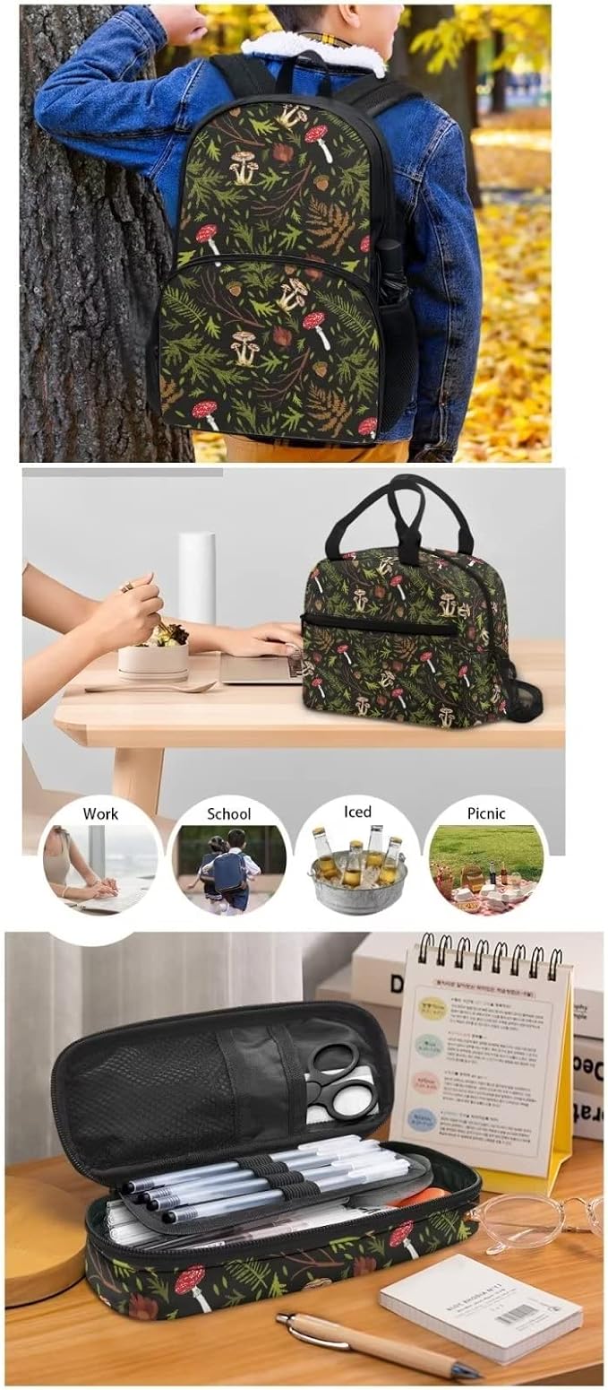 Vintage Mushroom Print Backpack Set for Girls Kids Lightweight Cute School Backpack with Lunch Box Pencil Case Adjustable Strap Padded Book Bag Insulated Lunch Bag - Image 5