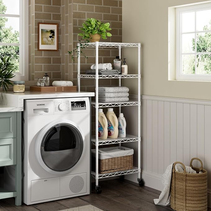 Golpart Small 5 Tier Shelves Storage Wire Shelving Unit Metal Shelf Adjustable Organizers Storage Shelving with Wheels for Bathroom Laundry Room Kitchen Pantry11.7”D x 17.7”W x 57.2”H White - Image 9