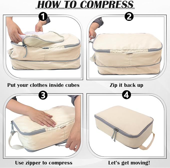 Extra Large Compression Packing Cubes for Travel Essentials, 2 Set Expandable Travel Cubes for Packing Compression Bags Luggage Suitcase Organizer, Cream - Image 6