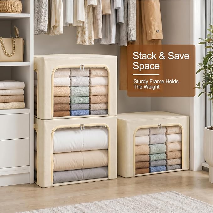 GoMaihe 3 Opening Clothes Storage Bins with Metal Frame, 66L Blanket Storage Organizer for Walk-in Closet Large Storage Boxes with Clear Window for Bedding Winter Clothing 3-Pack Beige - Image 9