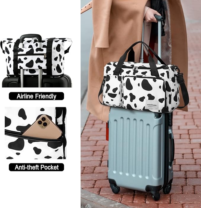 WOOMADA Foldable Travel Duffel Bag with Shoes Compartment, Overnight Bag with Wet Pocket & Trolley Sleeve, Weekender Bags for Women (cow) - Image 6