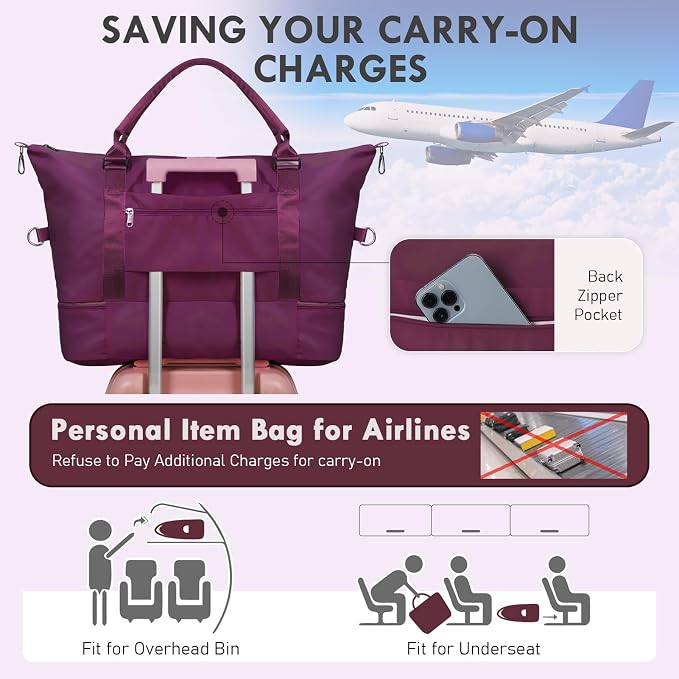 WOOMADA Weekender Overnight Bag for Women, Carry on Shoulder Travel Duffel with Shoes Compartment,Gym Bag with Toiletry Bag - Image 6