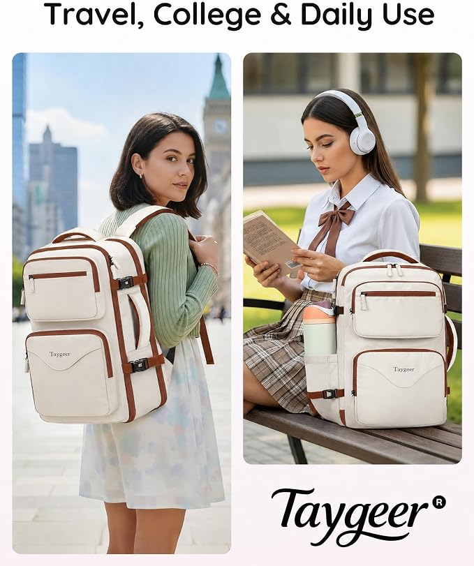 Taygeer TSA Approved Under Seat Backpack, 35l College Backpack for Women | Personal Item Bag for Airplanes Fits 15.6 Inch Laptop, Travel Bag with Water Bottle Pocket & Shoe Pouch, Khaki White - Image 9