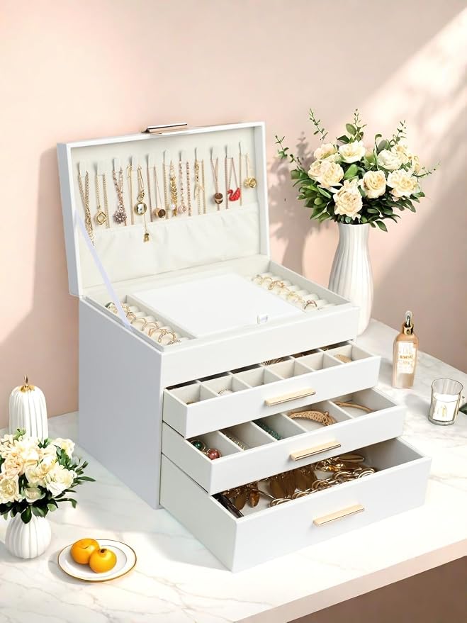 BOOVO Jewelry Boxes for Women, White and Black 6 Layer Large Jewelry Box for Necklace, Bracelet, Earrings, Rings Storage, Jewelry holder Organizer for Girls Gift (White, 5 Layer) - Image 7