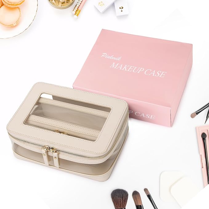 Pinkmik Clear Makeup Bag with Brush Case Travel Toiletry Bag Waterproof Cosmetic Organizer Car Essentials for Women (Beige, M+SLIM-1) - Image 7